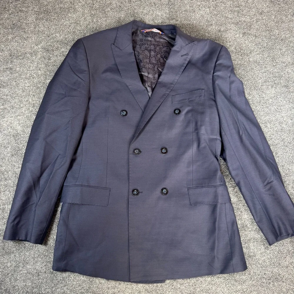 Luciano Carreli Suit Men 38R Navy Blue Super 150s Wool Double Breasted Pleated